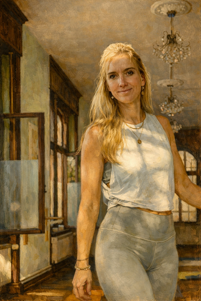 Frau in Yogaraum lächelt